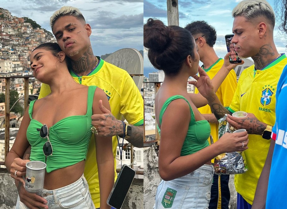 Bella Campos e MC Cabelinho assistem a jogo do Brasil com amigos