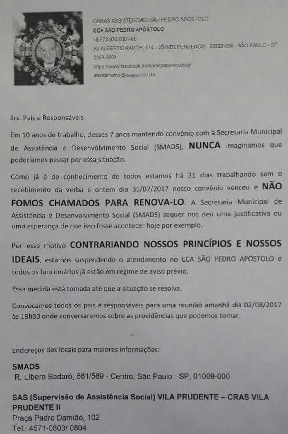 ONG diz não receber pagamento (Foto: Arquivo pessoal)