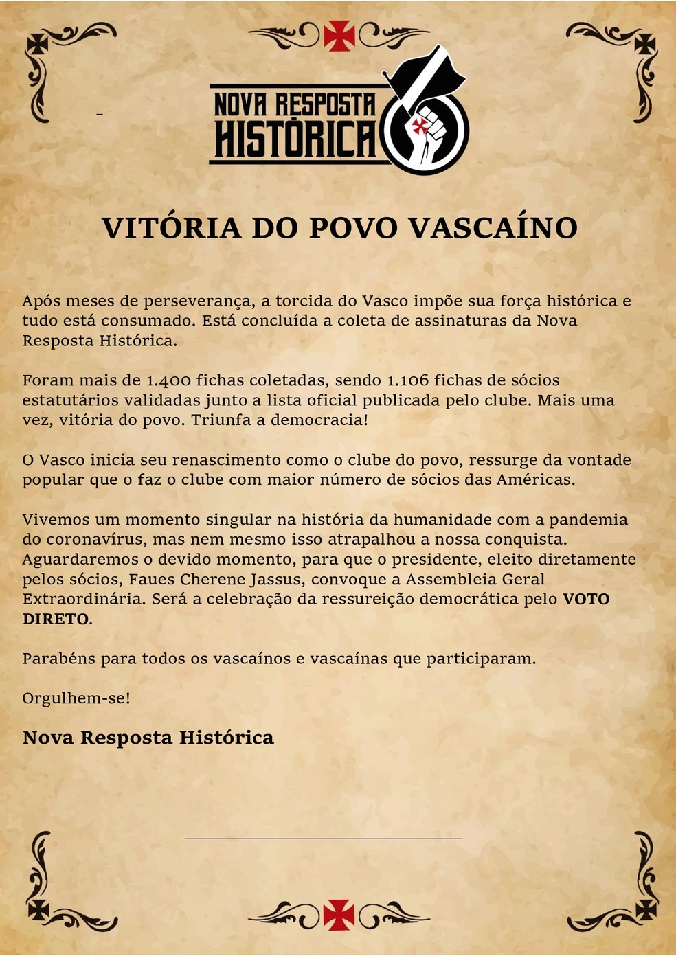 Manifesto da Nova Resposta Histórica do Vasco — Foto: Divulgação