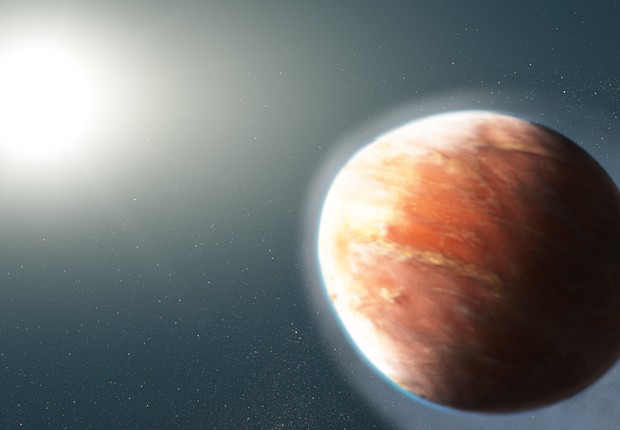 Imagem feita por artista em parceria com a NASA, ilustrando a atmosfera do exoplaneta WASP-121 b (Foto: Artwork: NASA, ESA, and J. Olmsted (STScI))