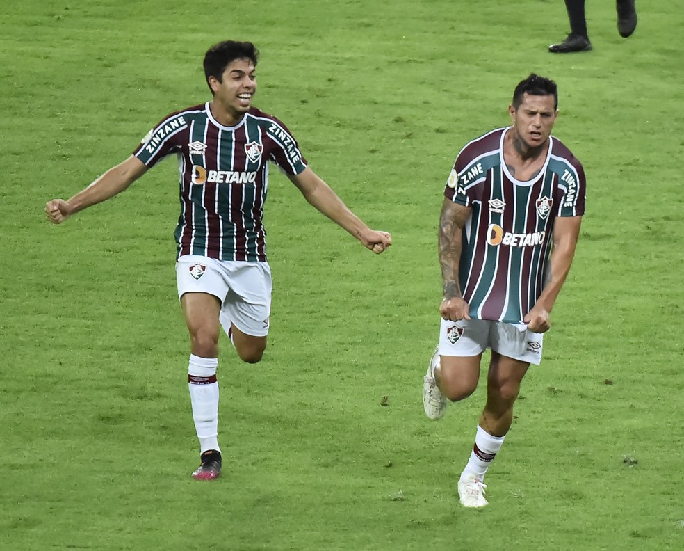 Nonato e Bobadilla comemoram gol do Fluminense sobre o Bahia — Foto: André Durão / ge