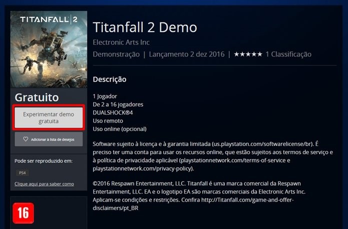 PSN é a única a exibir o multiplayer grátis de Titanfall 2 como uma opção individual (Foto: Reprodução/Felipe Demartini)