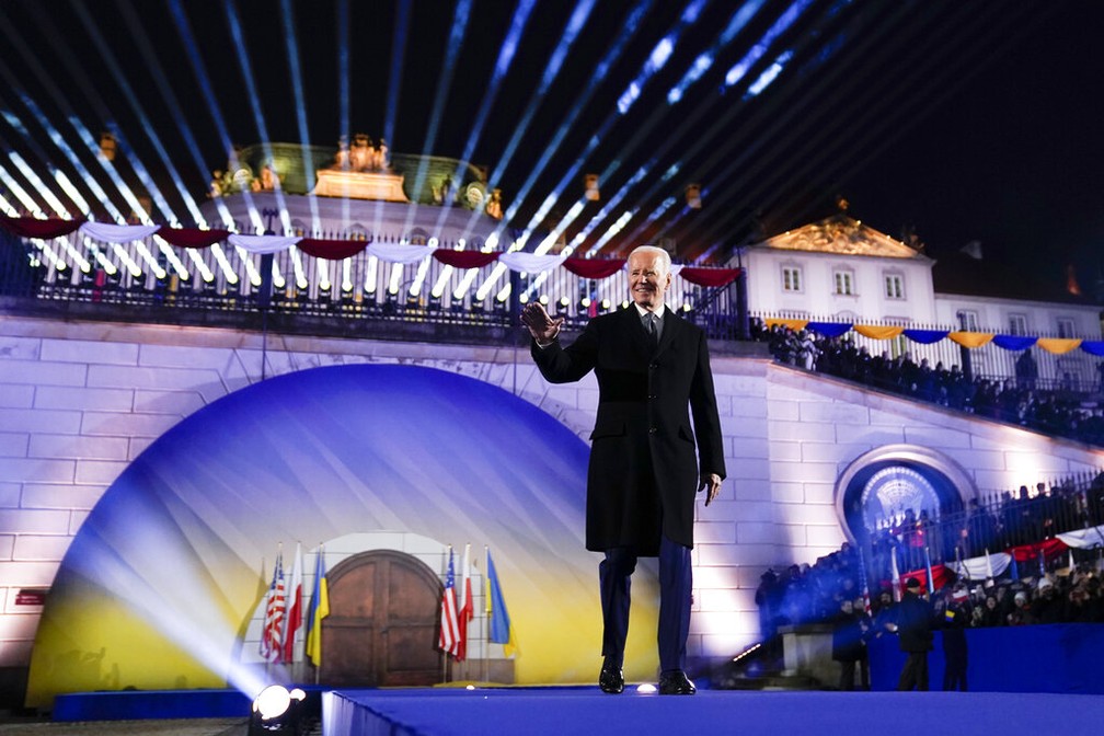 O presidente dos Estados Unidos, Joe Biden, durante discurso em Varsóvia, na Polônia, em 21 de fevereiro de 2023.  — Foto:  Evan Vucci/ AP 