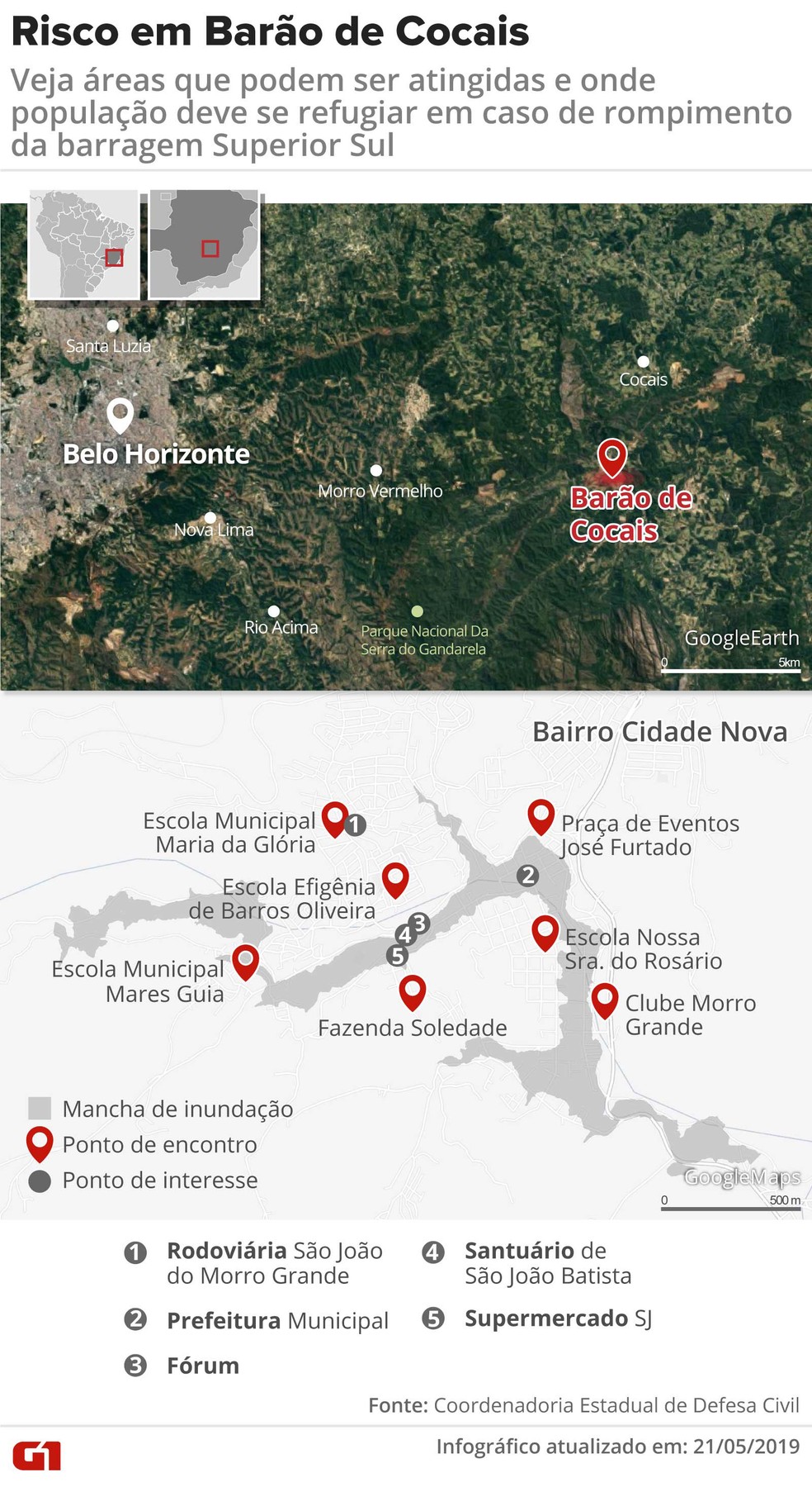 Arte mostra mapa de área de risco em Barão de Cocais — Foto: Wagner Magalhães/Arte G1