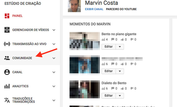 Link para acessar as configurações para comentários em um canal do YouTube (Foto: Reprodução/Marvin Costa)