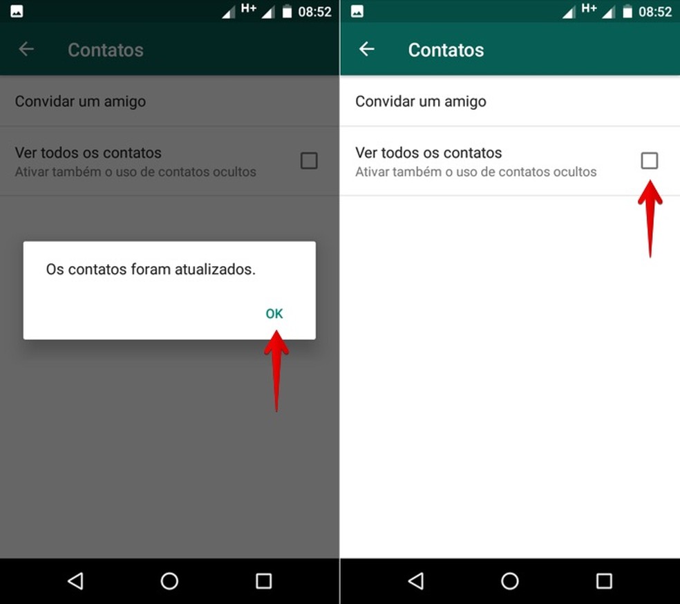 Contatos atualizados com sucesso no WhatsApp para Android (Foto: Reprodução/Helito Bijora)