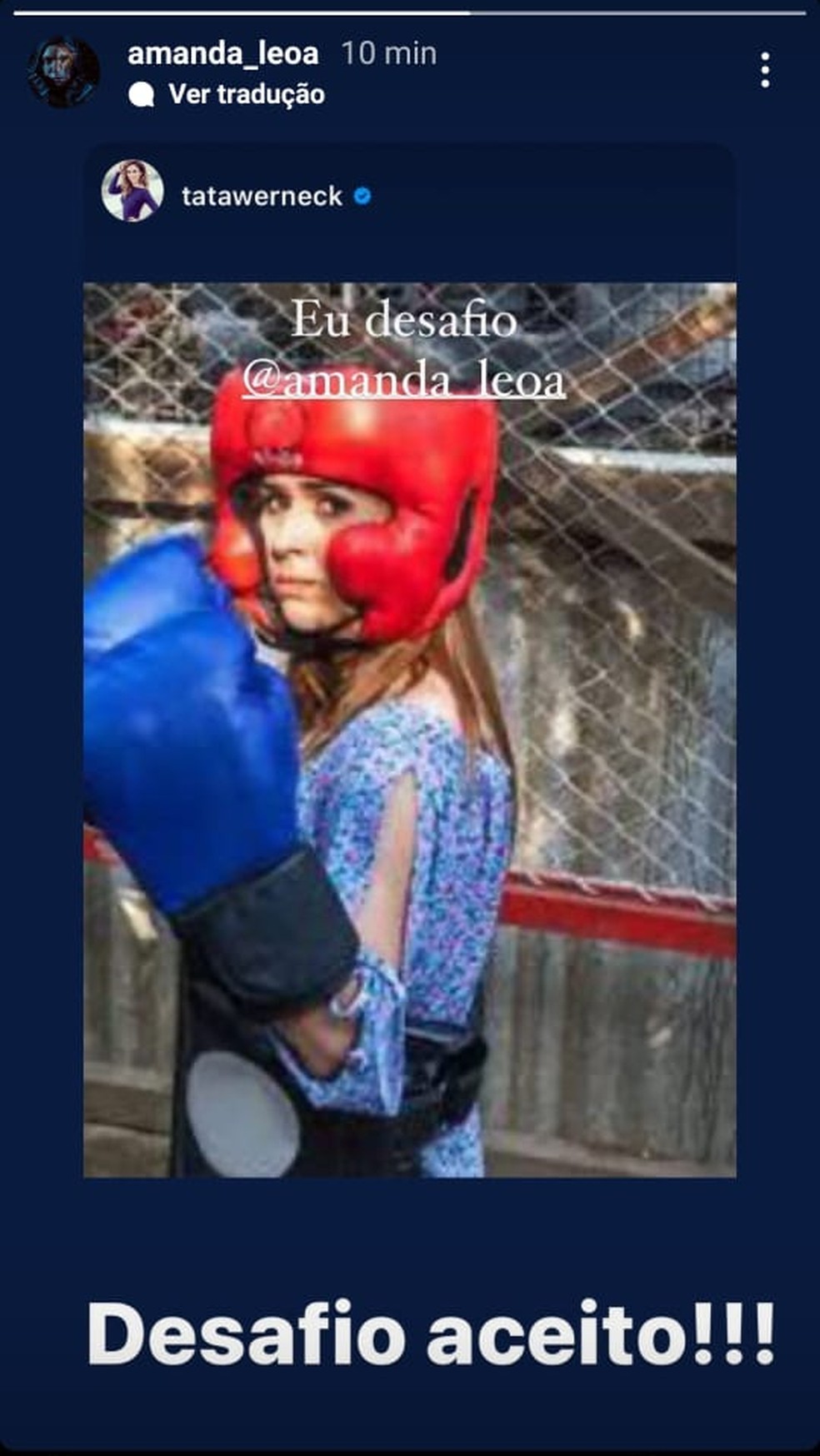 Amanda Nunes publica que aceita desafio no boxe contra Tatá Werneck — Foto: Reprodução/Instagram