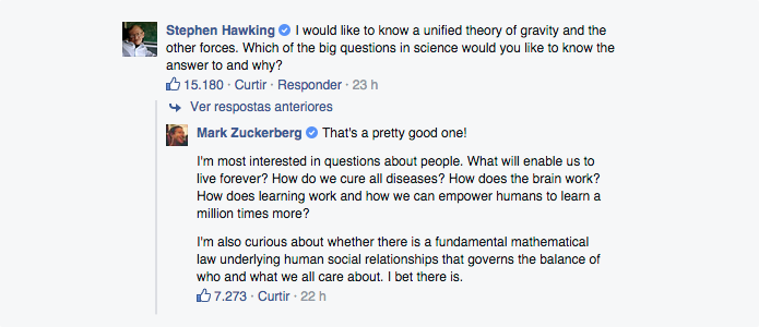 Hawking iniciou com uma pergunta difícil, que obteve uma resposta interessante de Zuckerberg (Foto: Reprodução/Paulo Alves)