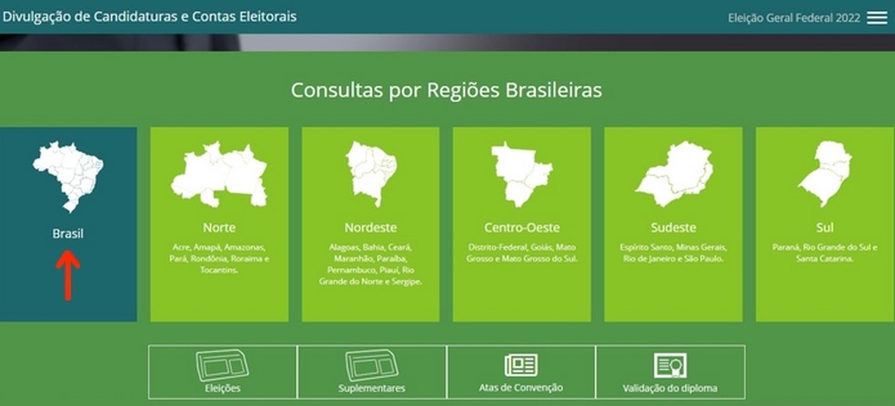 Card "Brasil" no site do TSE dá acesso aos candidatos à presidência  — Foto: Reprodução/Raquel Freire