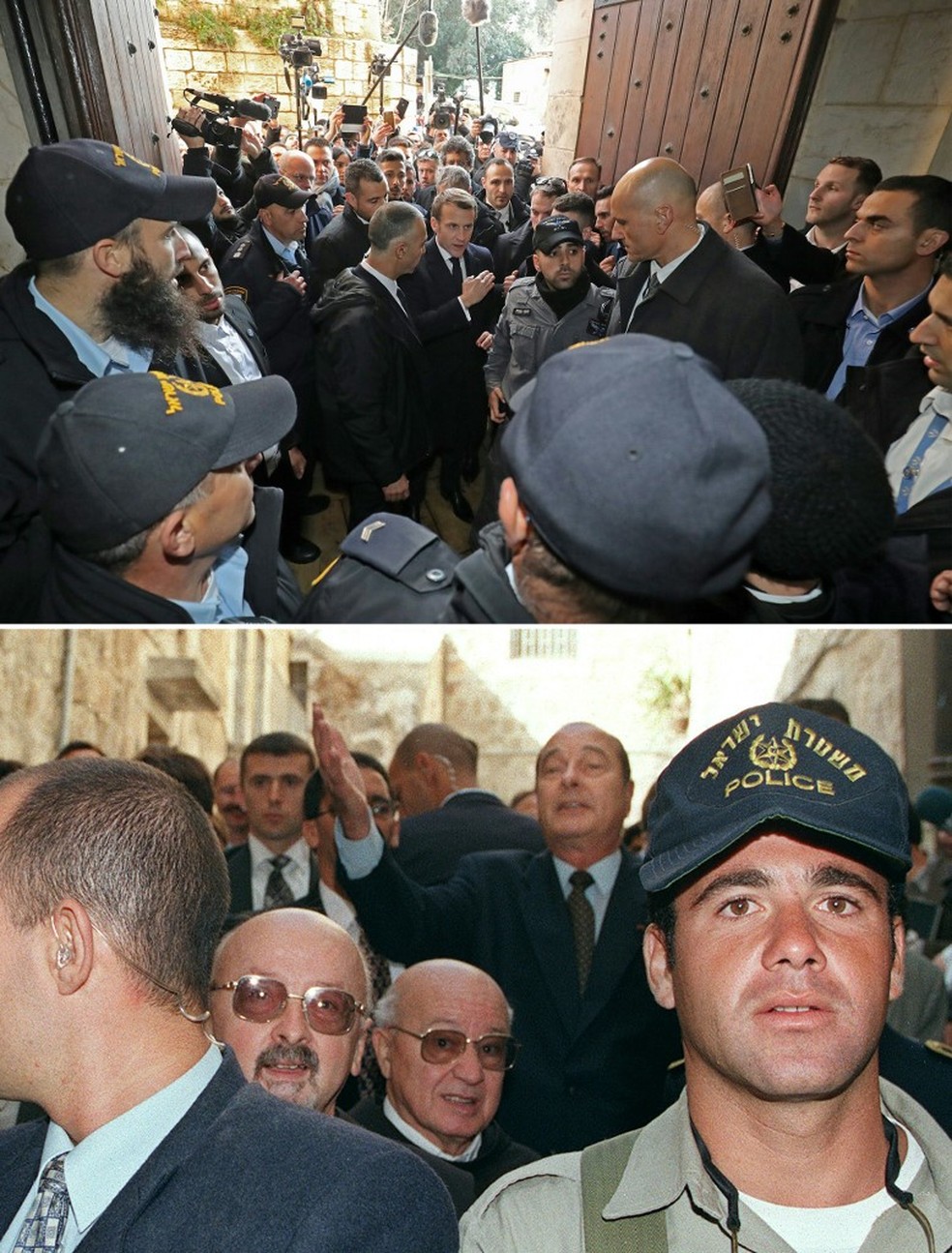 Montagem mostra irritação de Emmanuel Macron (acima, em 2020) e de Jacques Chirac (abaixo, em 1996) ao visitar igreja francesa em Jerusalém — Foto: Gerard Fouet e Ludovic Marin/AFP