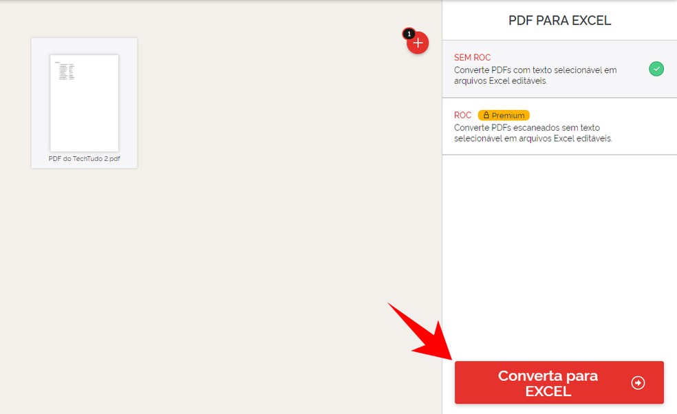 Clique no botão indicado para converter PDF em Excel grátis — Foto: Reprodução/Rodrigo Fernandes