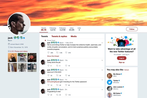 Conta do criador do Twitter, Jack Dorsey (Foto: reprodução)