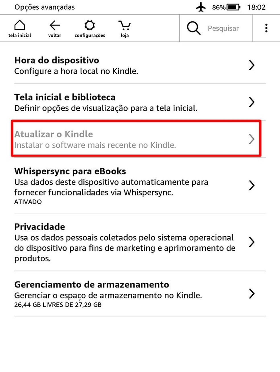 Quando o e-reader baixar a atualização se torna possível atualizá-lo sem a necessidade de um PC — Foto: Reprodução/Filipe Garrett