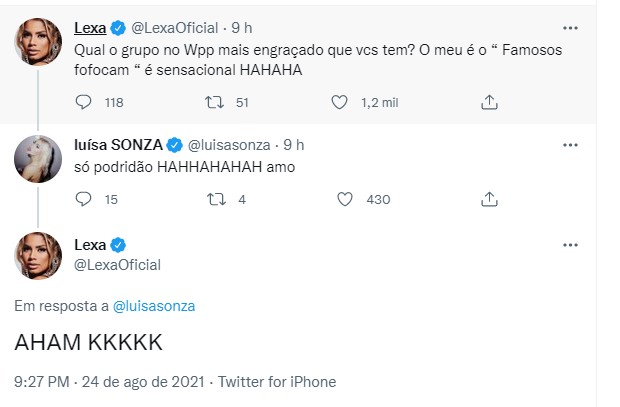 Lexa e Luísa Sonza revelam grupo de fofoca com famosos no WhatsApp (Foto: Reprodução/Twitter)