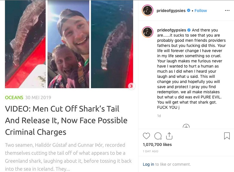 O post de Jason Momoa expondo os dois pescadores que cortaram o rabo do tubarão (Foto: Instagram)