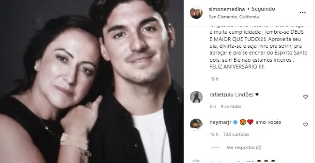 Neymar manda mensagem de apoio à mãe de Gabriel Medina em meio à briga dela com o filho (Foto: Reprodução / Instagram)