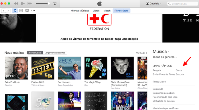 Para fazer login em sua conta do iTunes, acesse a parte Conta, como indica a seta (Reprodução/ Gabriella Fiszman)