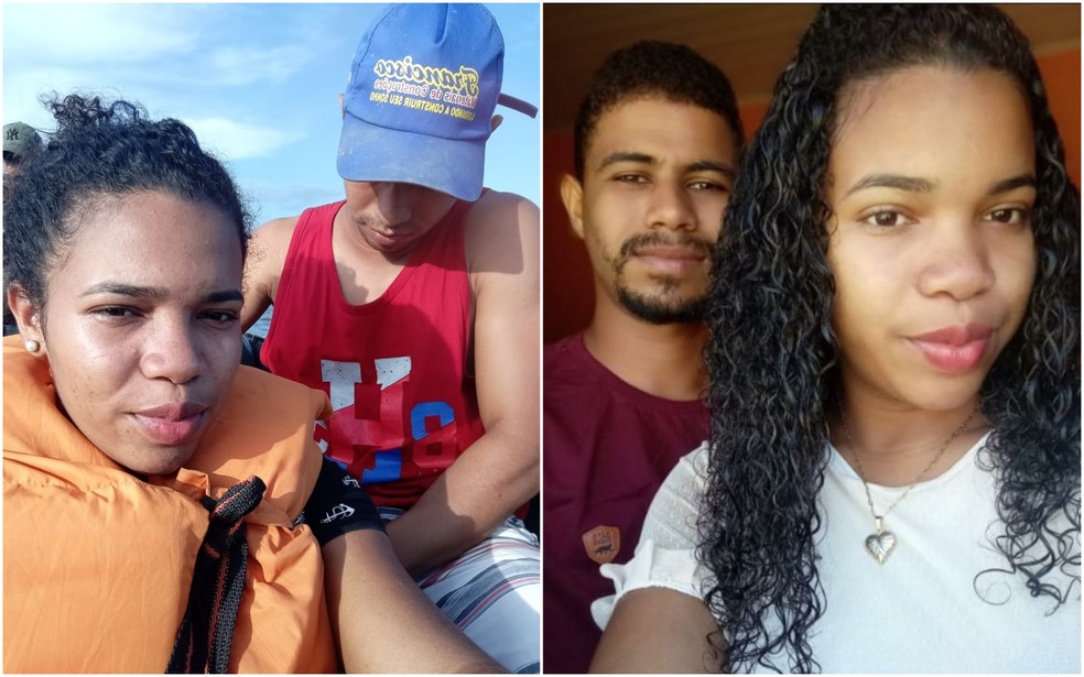 Carlos Adriano Almeida, de 22 anos, viajava com a esposa Karine Oliveira Soares, de 18 anos, antes do naufrágio na Guiana Francesa - à esquerda, foto enviada por Karine para a família de dentro da embarcação — Foto: Arquivo Pessoal