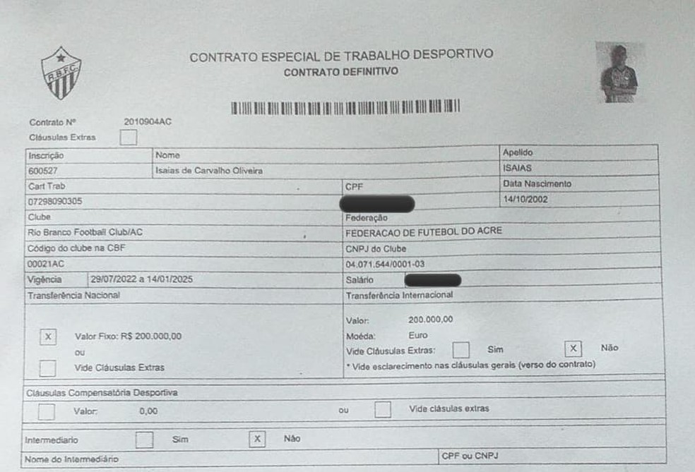 Veja um trecho do contrato do lateral-direito Isaías, do Rio Branco-AC — Foto: Divulgação