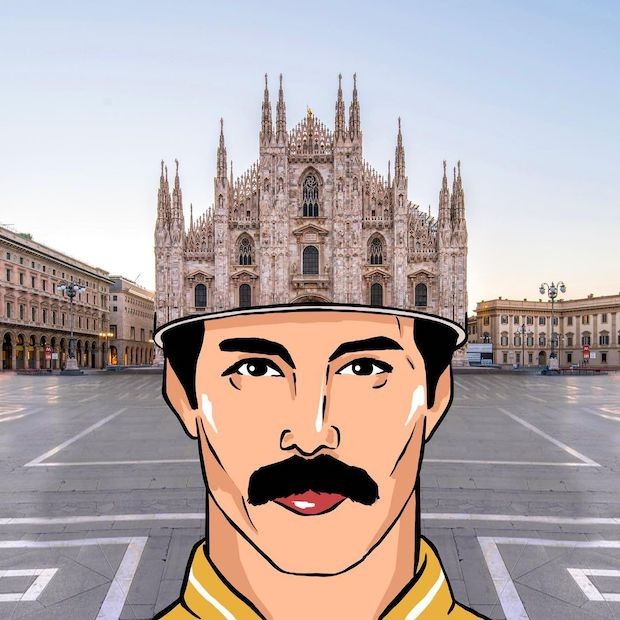 A catedral do Duomo de Milão, na Itália, faz as vezes de chapéu para cantor Freddy Mercury (Foto: Robin Yayla / Reprodução)