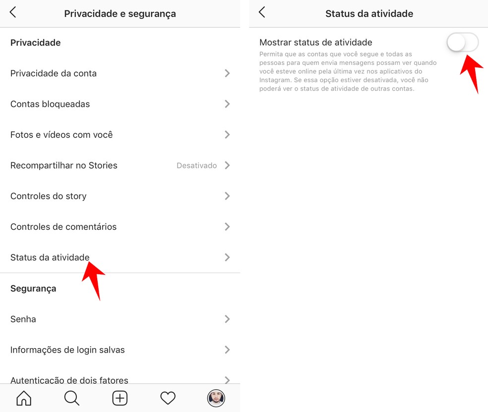 Desativando o Status da Atividade, o Instagram não mostra que usuário está online nos Directs — Foto: Reprodução/Rodrigo Fernandes