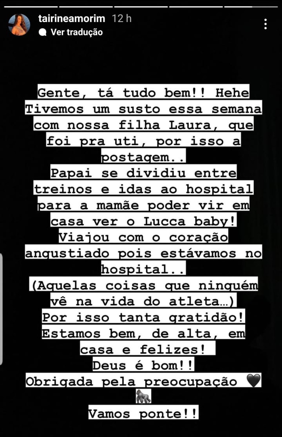 Postagem da esposa de Lucca — Foto: Reprodução Redes Sociais 
