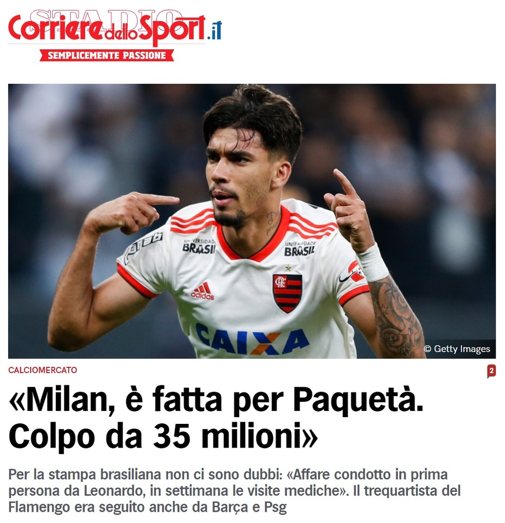 "Corriere dello Sport" coloca PaquetÃ¡ como destaque â Foto: ReproduÃ§Ã£o/Corriere dello Sport