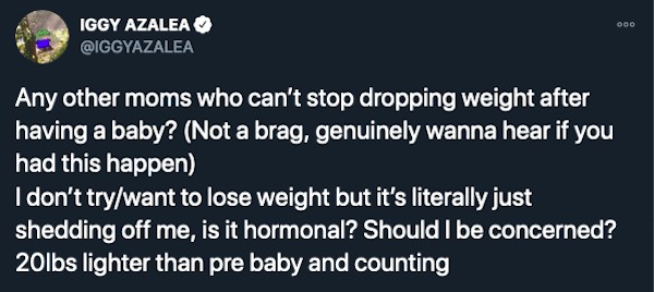 O post da cantora Iggy Azalea perguntando nas redes sociais sobre seu emagrecimento após o nascimento do filho (Foto: Twitter)