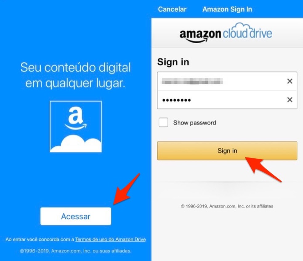 Ação para logar em uma conta do Amazon Drive pelo celular — Foto: Reprodução/Marvin Costa
