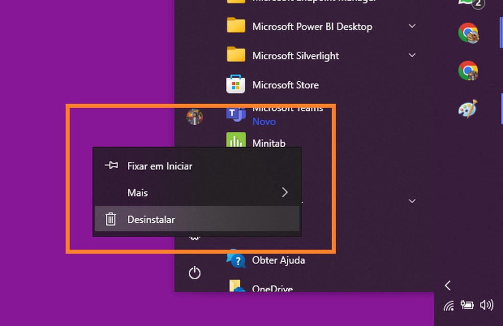 Desinstalar programa no menu Iniciar do Windows é o método mais fácil — Foto: Reprodução/Alberto Rocha