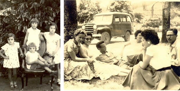 Infância com os primos e a irmã na Fazenda do Angola, em Itutinga; e ao lado, deitado (ao centro) com colegas da extensão rural em Viçosa (MG) (Foto: Arquivo pessoal)