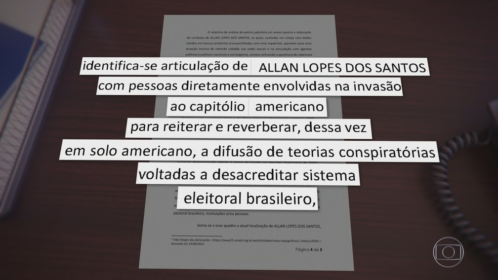 PF identificou que Allan dos Santos se associou a pessoas ligadas à invasão do Congresso dos EUA — Foto: Jornal Nacional/ Reprodução