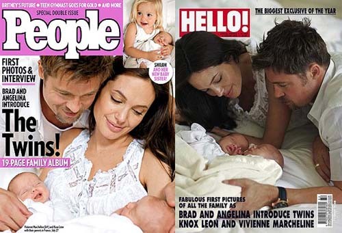 Angelina Jolie e Brad Pitt com os gêmeos Knox Leon e Vivienne Marcheline Jolie-Pitt nas capas das revistas People e Hello! (Foto: Reprodução)