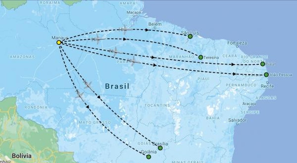 Segundo a FAB, o planejamento é de que voos saiam de Manaus (AM) com destino a São Luís (MA), Teresina (PI), Natal (RN), João Pessoa (PB), Brasília (DF) e Goiânia (GO) — Foto: Divulgação/FAB
