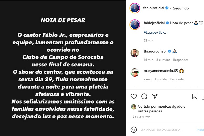 Comunicado postado na rede social de Fábio Jr (Foto: Reprodução/Instagram)