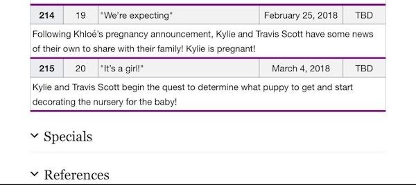 Uma foto do guia de episódios do reality das imrãs Kardashian-Jenner revelando o dia no qual será anunciada a gravidez de Kylie Jenner (Foto: Wikipedia)