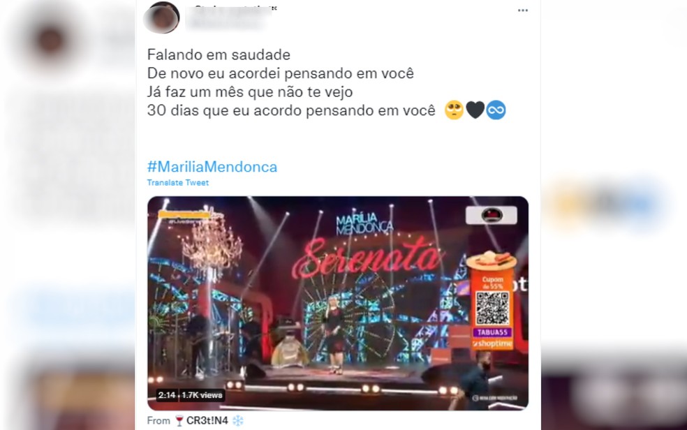 Fã usa trecho de música para falar da saudade de Marília Mendonça — Foto: Twitter/Reprodução