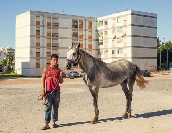 Cigano segura seu cavalo após limpá-lo, em Portimão, área urbana de Portugal. A presença de cavalos em áreas urbanas aponta que há diferentes níveis de desenvolvimento. (Foto: Carlos Spottorno)