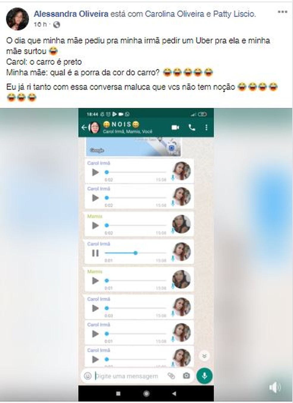 Filha mais velha de Patrícia compartilhou conversa nas redes sociais — Foto: Reprodução/Facebook