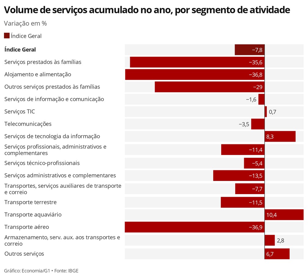 Baixo desempenho foi disseminado entre as principais atividades de serviços prestados no país em 2020 — Foto: Economia/G1