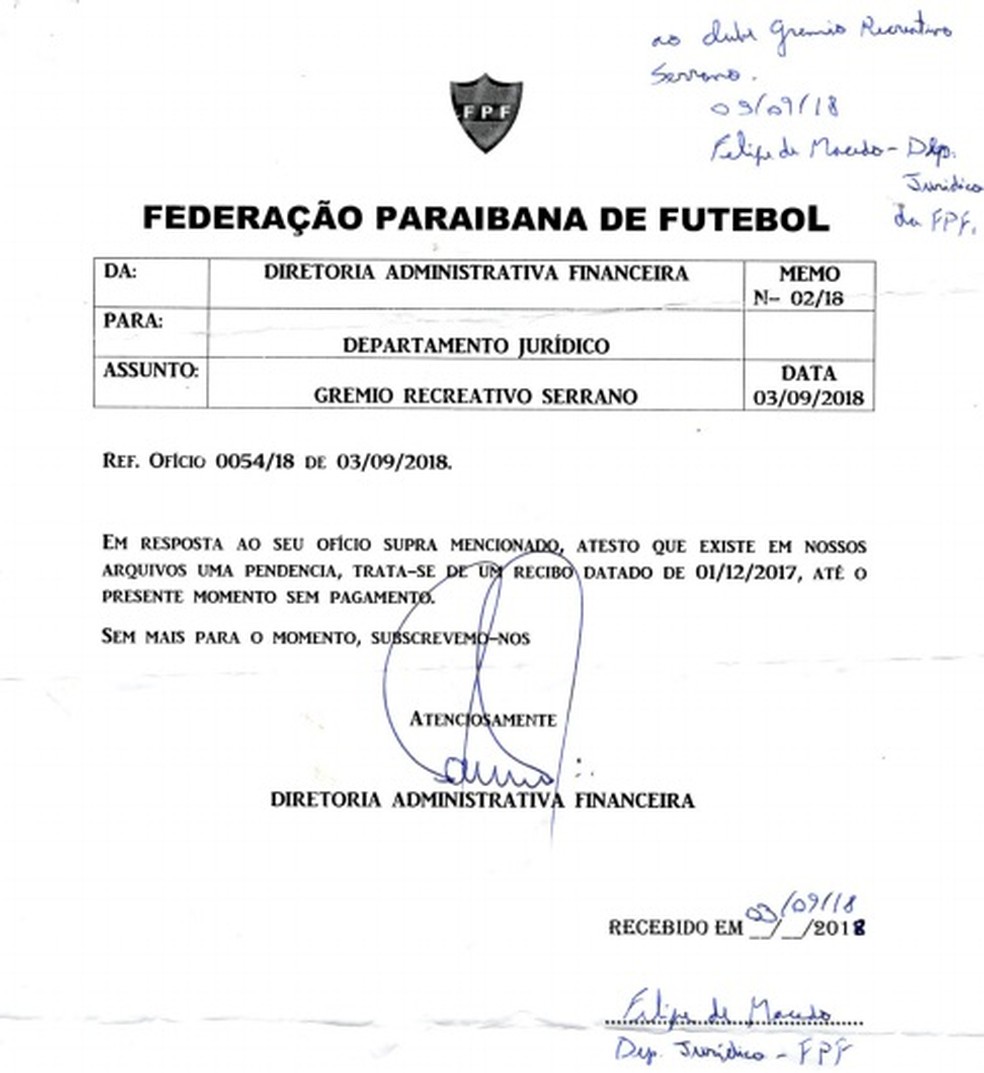 Memo da Diretoria Administrativa Financeira da FPF atestando o débito do Serrano-PB junto à Federação — Foto: Reprodução