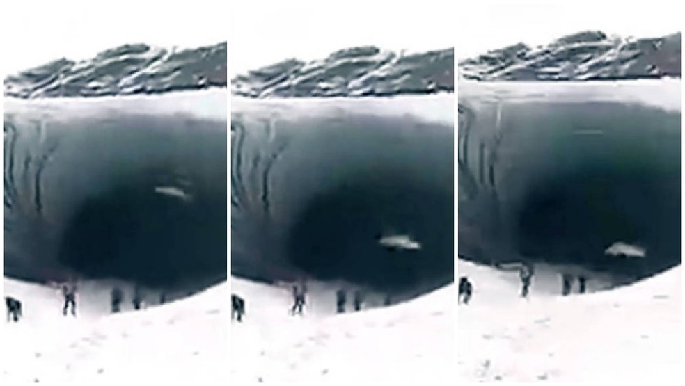 Vídeo mostra turistas entrando na Cueva de Jimbo, na Argentina, onde a queda de bloco de gelo matou um brasileiro — Foto: Reprodução/Redes Sociais