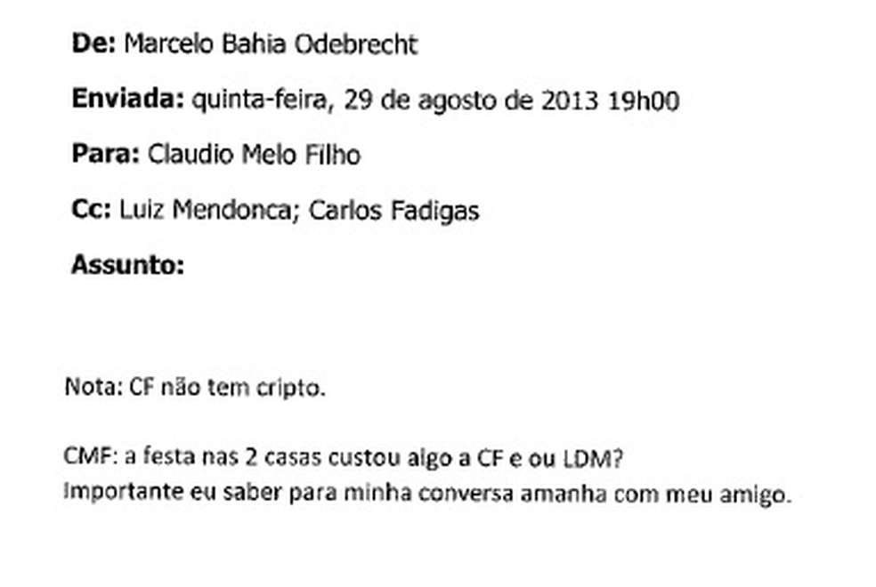 Trecho de e-mails trocados por executivos da Odebrecht no qual a palavra 'festa' é utilizada com referência para propina (Foto: Reprodução)