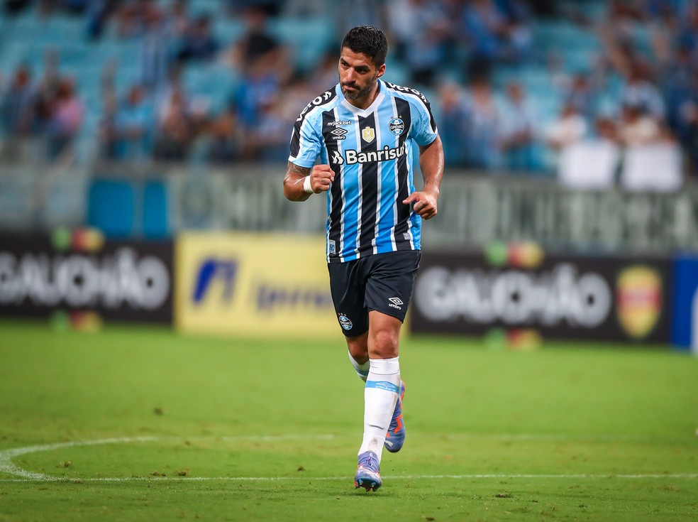 Suárez comemora gol pelo Grêmio — Foto: Lucas Uebel/Grêmio