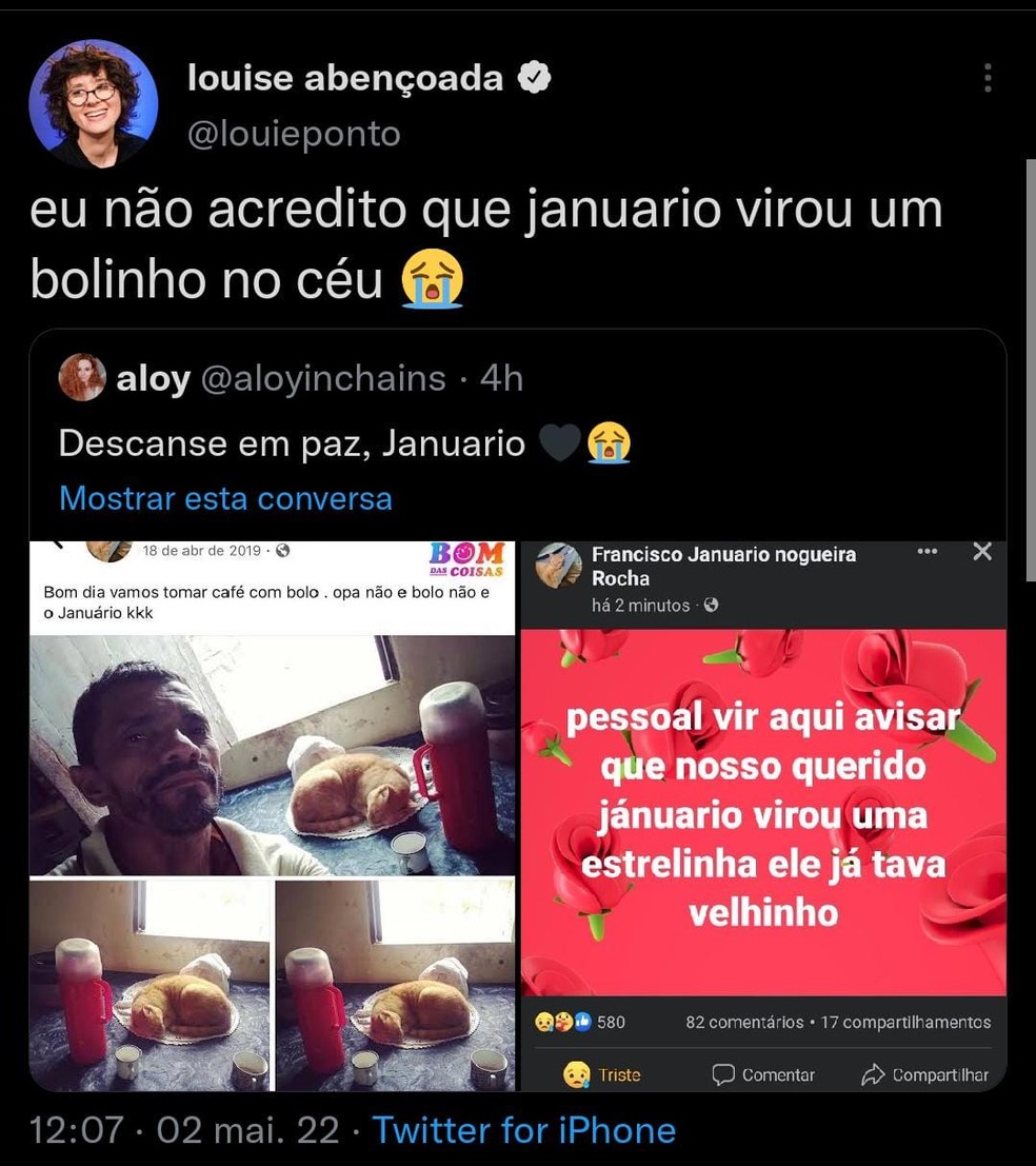 'Januario virou bolinho no céu', diz uma das publicações. — Foto: Reprodução