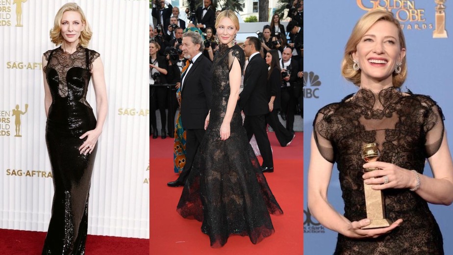 Cate Blanchett e seu vestido reutilizado: Sag Awards 2023/Festival de Cannes 2018/Globo de Ouro 2014