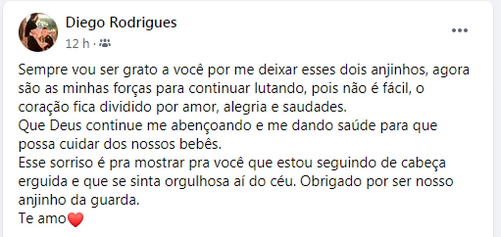 Nas redes sociais, o jovem agradeceu e homenageou a esposa — Foto: Facebook/Reprodução