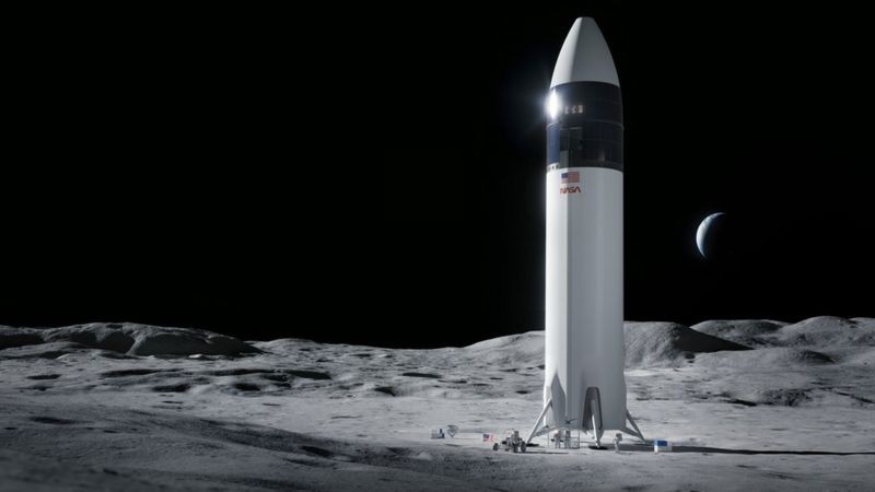 Starship, da empresa SpaceX, deve levar astronautas à Lua pela primeira vez desde 1972 (Foto: NASA via BBC News)