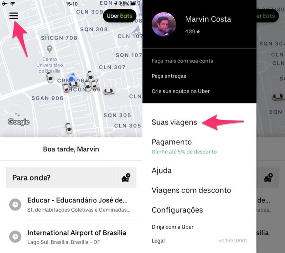 Ação para visualizar suas viagens recentes realizadas com o Uber — Foto: Reprodução/Marvin Costa