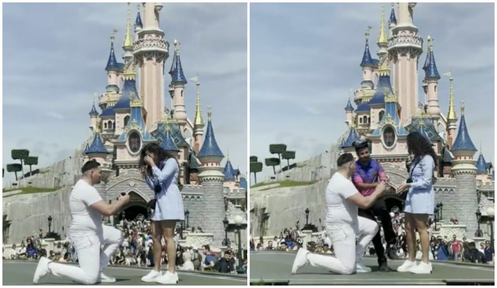 Pedido de casamento é interrompido no parque da Disney, em Paris — Foto: Reprodução/Twitter 